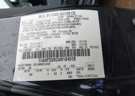 2010 Ford Focus Ses из США, поврежденный, VIN 1FAHP3DN2AW184058